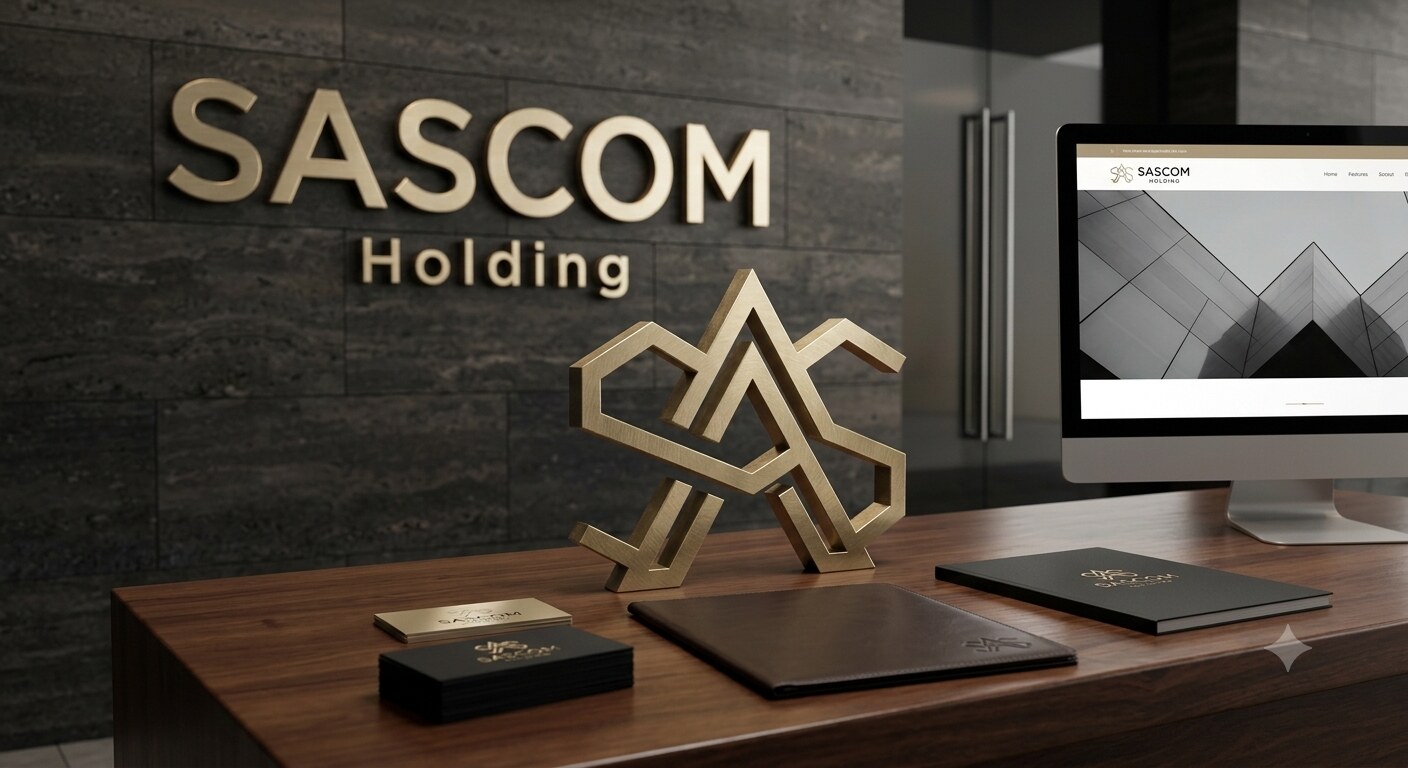 SASCOM Holding reception with the brass emblem on walnut